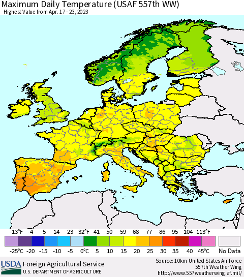 Europe Maximum Daily Temperature (USAF 557th WW) Thematic Map For 4/17/2023 - 4/23/2023