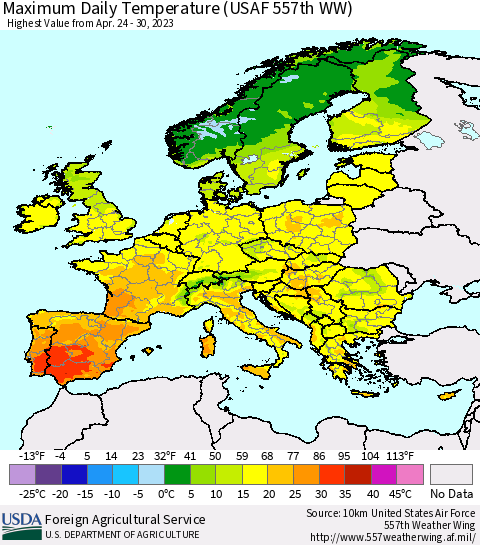 Europe Maximum Daily Temperature (USAF 557th WW) Thematic Map For 4/24/2023 - 4/30/2023