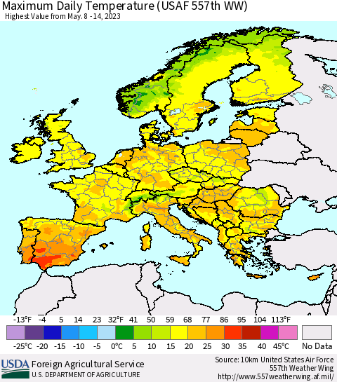 Europe Maximum Daily Temperature (USAF 557th WW) Thematic Map For 5/8/2023 - 5/14/2023