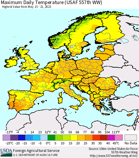 Europe Maximum Daily Temperature (USAF 557th WW) Thematic Map For 5/15/2023 - 5/21/2023