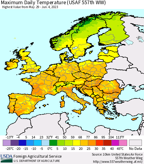 Europe Maximum Daily Temperature (USAF 557th WW) Thematic Map For 5/29/2023 - 6/4/2023