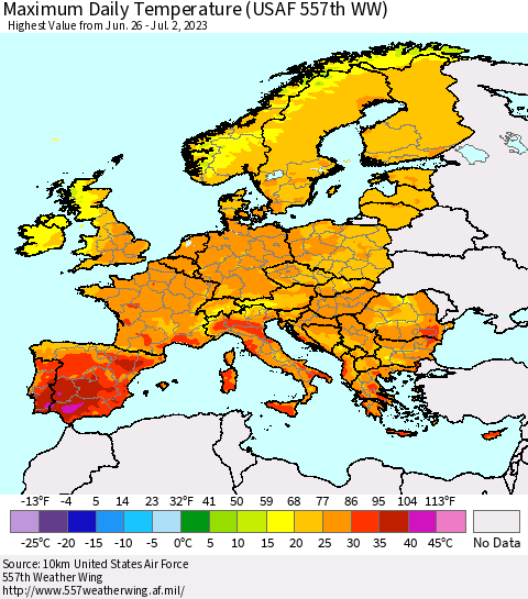 Europe Maximum Daily Temperature (USAF 557th WW) Thematic Map For 6/26/2023 - 7/2/2023