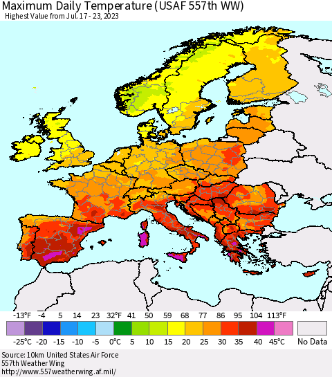 Europe Maximum Daily Temperature (USAF 557th WW) Thematic Map For 7/17/2023 - 7/23/2023
