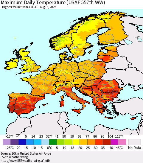 Europe Maximum Daily Temperature (USAF 557th WW) Thematic Map For 7/31/2023 - 8/6/2023