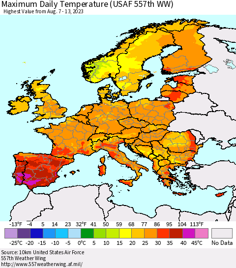 Europe Maximum Daily Temperature (USAF 557th WW) Thematic Map For 8/7/2023 - 8/13/2023
