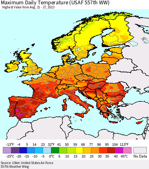 Europe Maximum Daily Temperature (USAF 557th WW) Thematic Map For 8/21/2023 - 8/27/2023