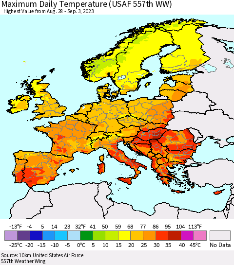 Europe Maximum Daily Temperature (USAF 557th WW) Thematic Map For 8/28/2023 - 9/3/2023