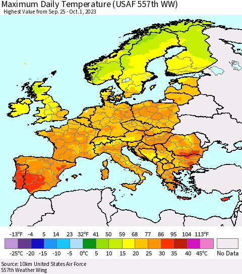 Europe Maximum Daily Temperature (USAF 557th WW) Thematic Map For 9/25/2023 - 10/1/2023