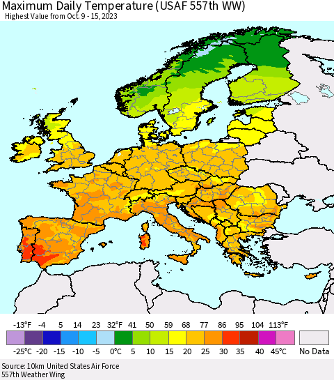 Europe Maximum Daily Temperature (USAF 557th WW) Thematic Map For 10/9/2023 - 10/15/2023