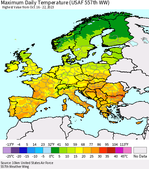 Europe Maximum Daily Temperature (USAF 557th WW) Thematic Map For 10/16/2023 - 10/22/2023