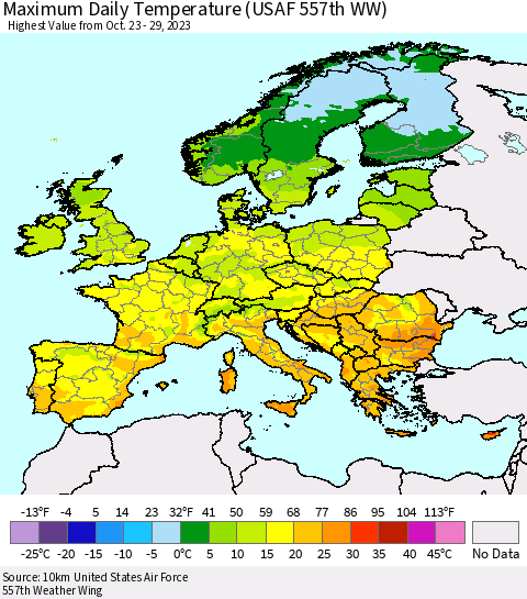 Europe Maximum Daily Temperature (USAF 557th WW) Thematic Map For 10/23/2023 - 10/29/2023