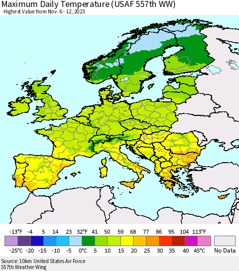 Europe Maximum Daily Temperature (USAF 557th WW) Thematic Map For 11/6/2023 - 11/12/2023