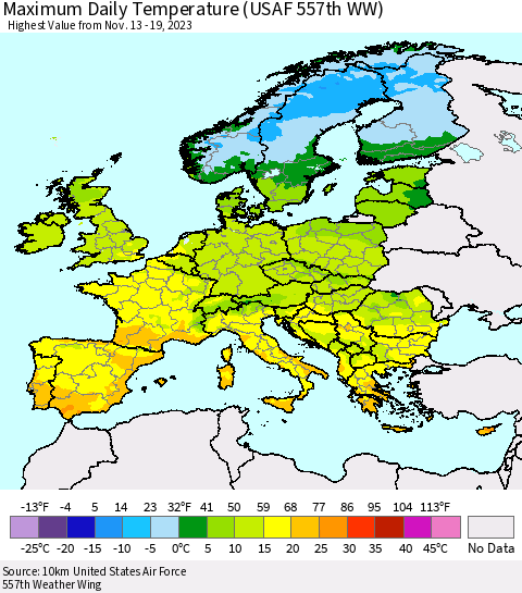 Europe Maximum Daily Temperature (USAF 557th WW) Thematic Map For 11/13/2023 - 11/19/2023