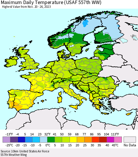 Europe Maximum Daily Temperature (USAF 557th WW) Thematic Map For 11/20/2023 - 11/26/2023