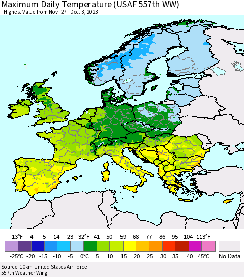 Europe Maximum Daily Temperature (USAF 557th WW) Thematic Map For 11/27/2023 - 12/3/2023