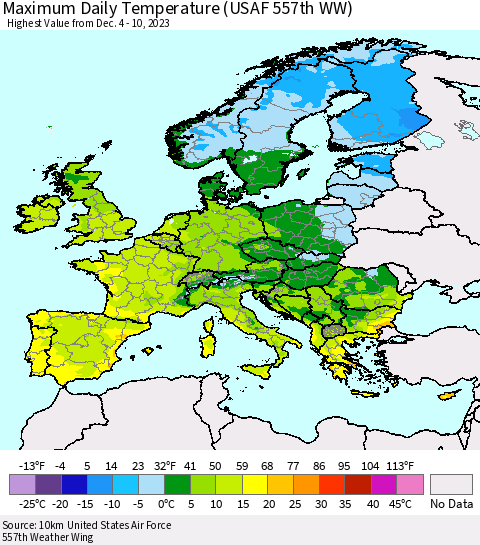 Europe Maximum Daily Temperature (USAF 557th WW) Thematic Map For 12/4/2023 - 12/10/2023