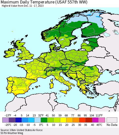 Europe Maximum Daily Temperature (USAF 557th WW) Thematic Map For 12/11/2023 - 12/17/2023