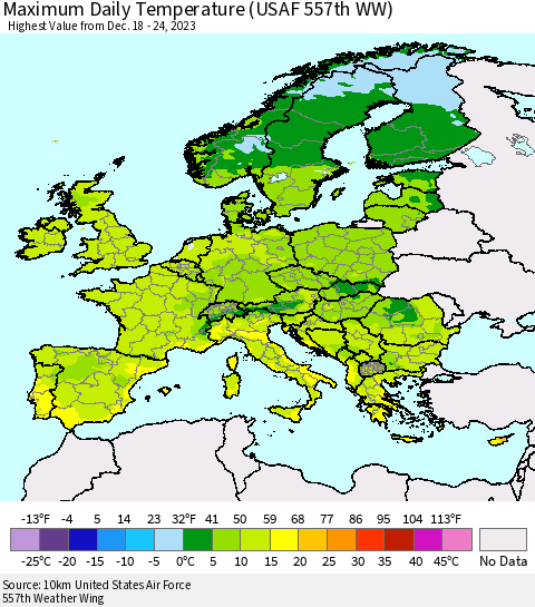Europe Maximum Daily Temperature (USAF 557th WW) Thematic Map For 12/18/2023 - 12/24/2023
