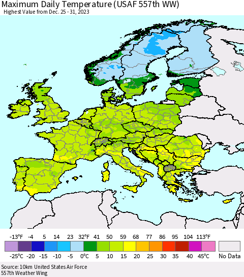Europe Maximum Daily Temperature (USAF 557th WW) Thematic Map For 12/25/2023 - 12/31/2023