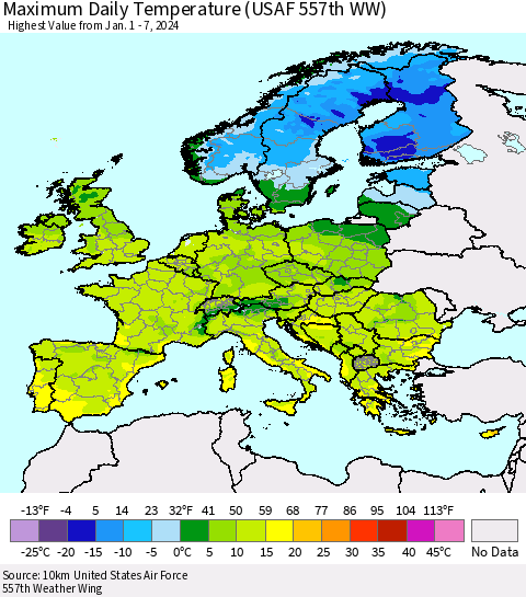 Europe Maximum Daily Temperature (USAF 557th WW) Thematic Map For 1/1/2024 - 1/7/2024