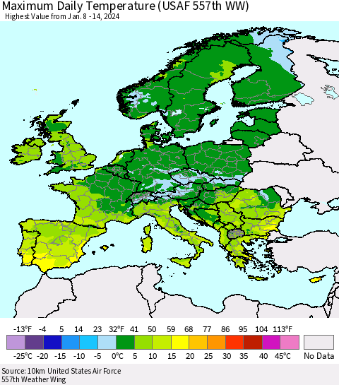 Europe Maximum Daily Temperature (USAF 557th WW) Thematic Map For 1/8/2024 - 1/14/2024