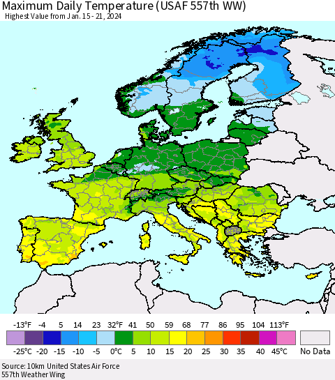 Europe Maximum Daily Temperature (USAF 557th WW) Thematic Map For 1/15/2024 - 1/21/2024