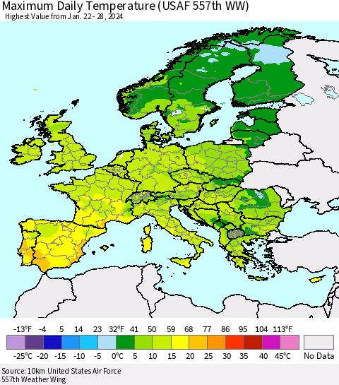 Europe Maximum Daily Temperature (USAF 557th WW) Thematic Map For 1/22/2024 - 1/28/2024