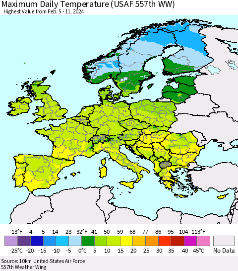 Europe Maximum Daily Temperature (USAF 557th WW) Thematic Map For 2/5/2024 - 2/11/2024