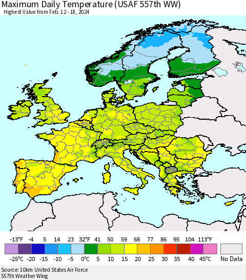 Europe Maximum Daily Temperature (USAF 557th WW) Thematic Map For 2/12/2024 - 2/18/2024