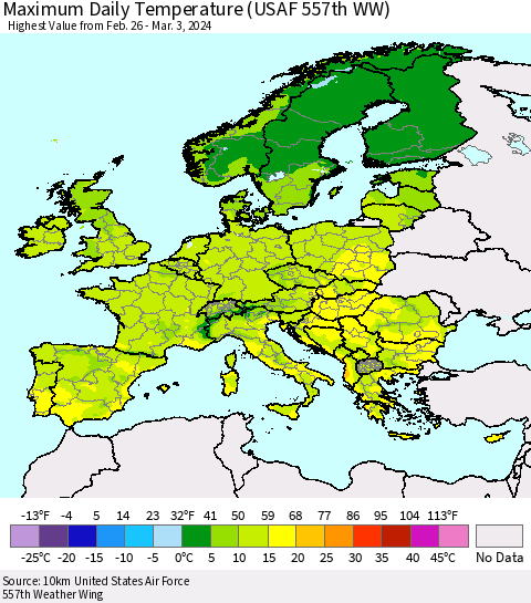 Europe Maximum Daily Temperature (USAF 557th WW) Thematic Map For 2/26/2024 - 3/3/2024
