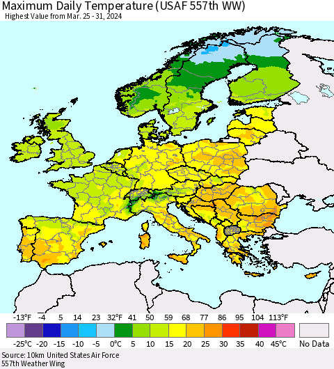 Europe Maximum Daily Temperature (USAF 557th WW) Thematic Map For 3/25/2024 - 3/31/2024