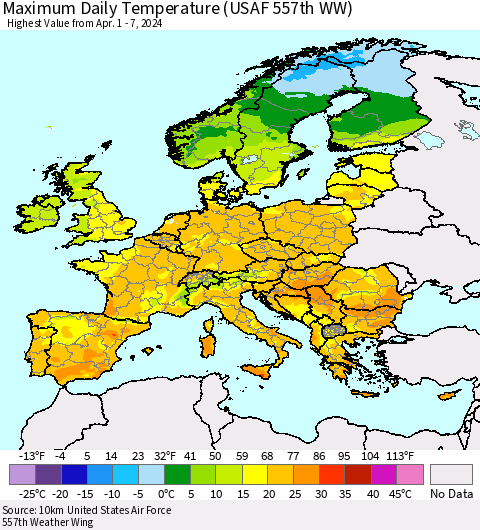 Europe Maximum Daily Temperature (USAF 557th WW) Thematic Map For 4/1/2024 - 4/7/2024
