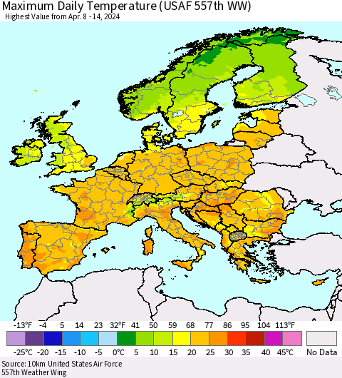 Europe Maximum Daily Temperature (USAF 557th WW) Thematic Map For 4/8/2024 - 4/14/2024