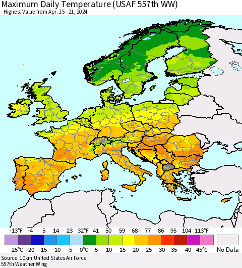 Europe Maximum Daily Temperature (USAF 557th WW) Thematic Map For 4/15/2024 - 4/21/2024