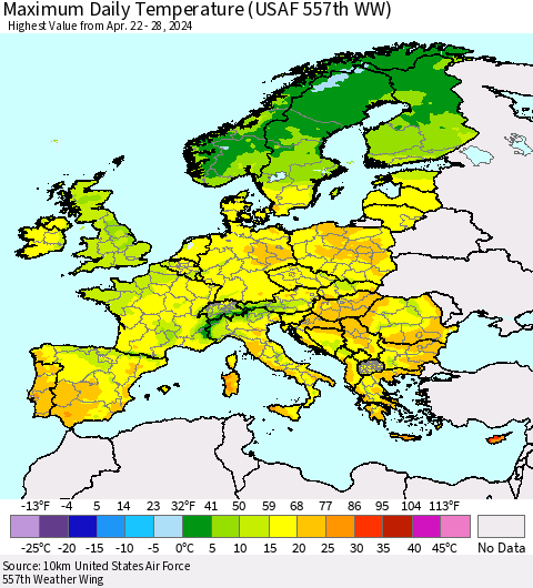Europe Maximum Daily Temperature (USAF 557th WW) Thematic Map For 4/22/2024 - 4/28/2024
