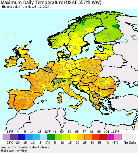 Europe Maximum Daily Temperature (USAF 557th WW) Thematic Map For 5/6/2024 - 5/12/2024