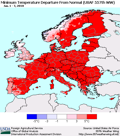 Europe Mean Minimum Temperature Departure from Normal (USAF 557th WW) Thematic Map For 1/1/2018 - 1/7/2018