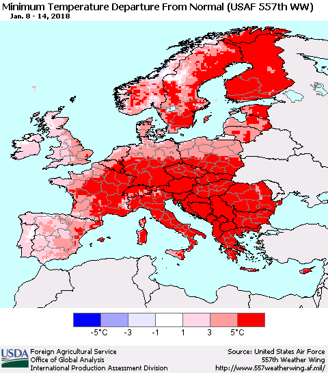 Europe Mean Minimum Temperature Departure from Normal (USAF 557th WW) Thematic Map For 1/8/2018 - 1/14/2018