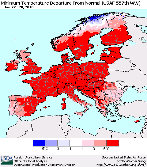 Europe Mean Minimum Temperature Departure from Normal (USAF 557th WW) Thematic Map For 1/22/2018 - 1/28/2018