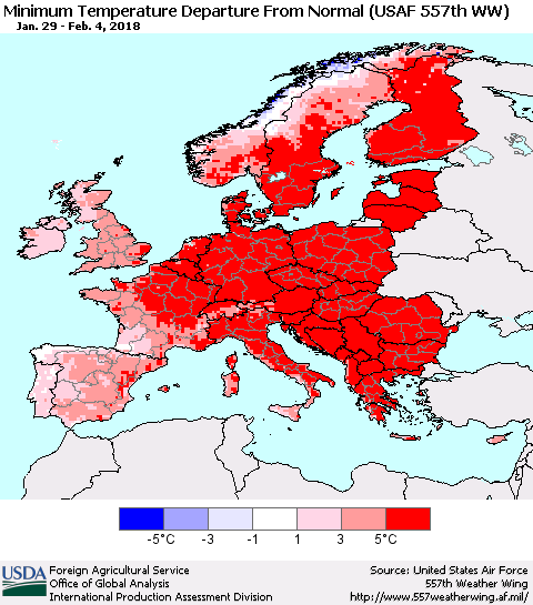 Europe Mean Minimum Temperature Departure from Normal (USAF 557th WW) Thematic Map For 1/29/2018 - 2/4/2018