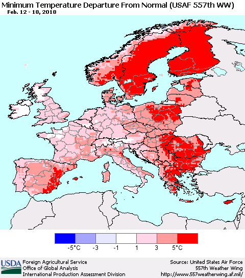 Europe Mean Minimum Temperature Departure from Normal (USAF 557th WW) Thematic Map For 2/12/2018 - 2/18/2018