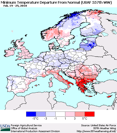 Europe Mean Minimum Temperature Departure from Normal (USAF 557th WW) Thematic Map For 2/19/2018 - 2/25/2018