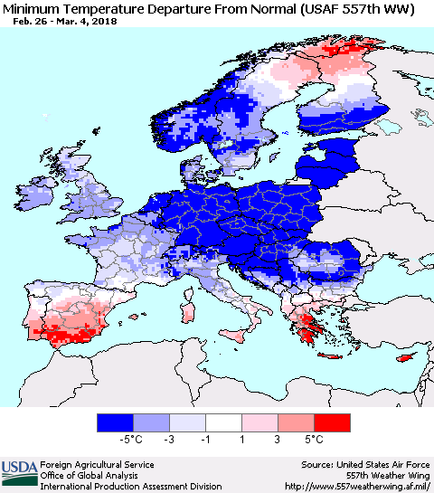 Europe Mean Minimum Temperature Departure from Normal (USAF 557th WW) Thematic Map For 2/26/2018 - 3/4/2018