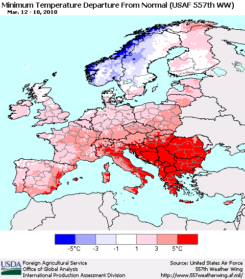 Europe Mean Minimum Temperature Departure from Normal (USAF 557th WW) Thematic Map For 3/12/2018 - 3/18/2018