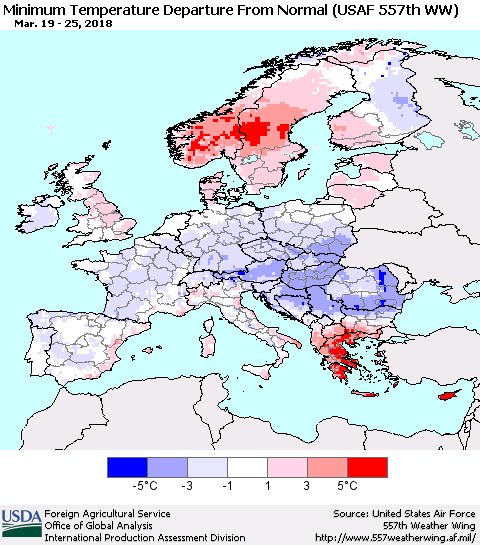 Europe Mean Minimum Temperature Departure from Normal (USAF 557th WW) Thematic Map For 3/19/2018 - 3/25/2018