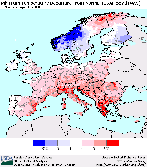 Europe Mean Minimum Temperature Departure from Normal (USAF 557th WW) Thematic Map For 3/26/2018 - 4/1/2018