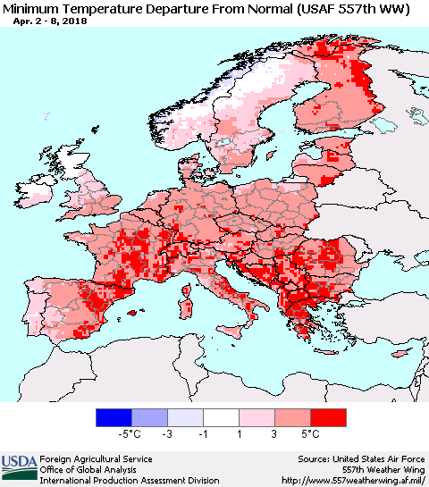 Europe Mean Minimum Temperature Departure from Normal (USAF 557th WW) Thematic Map For 4/2/2018 - 4/8/2018