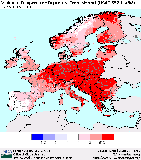 Europe Mean Minimum Temperature Departure from Normal (USAF 557th WW) Thematic Map For 4/9/2018 - 4/15/2018