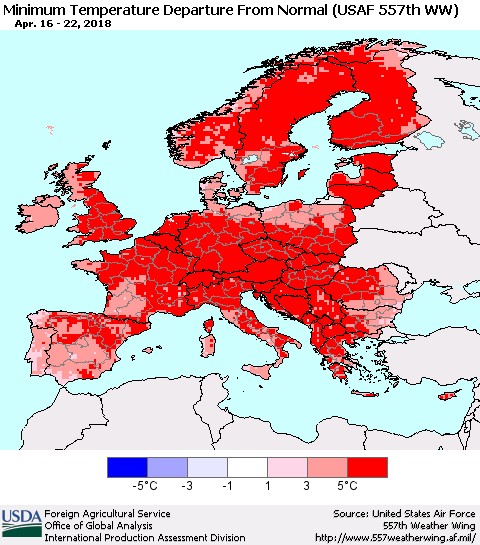 Europe Mean Minimum Temperature Departure from Normal (USAF 557th WW) Thematic Map For 4/16/2018 - 4/22/2018