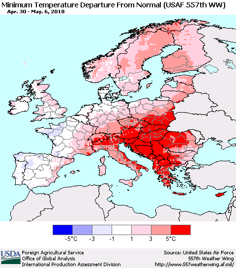 Europe Mean Minimum Temperature Departure from Normal (USAF 557th WW) Thematic Map For 4/30/2018 - 5/6/2018